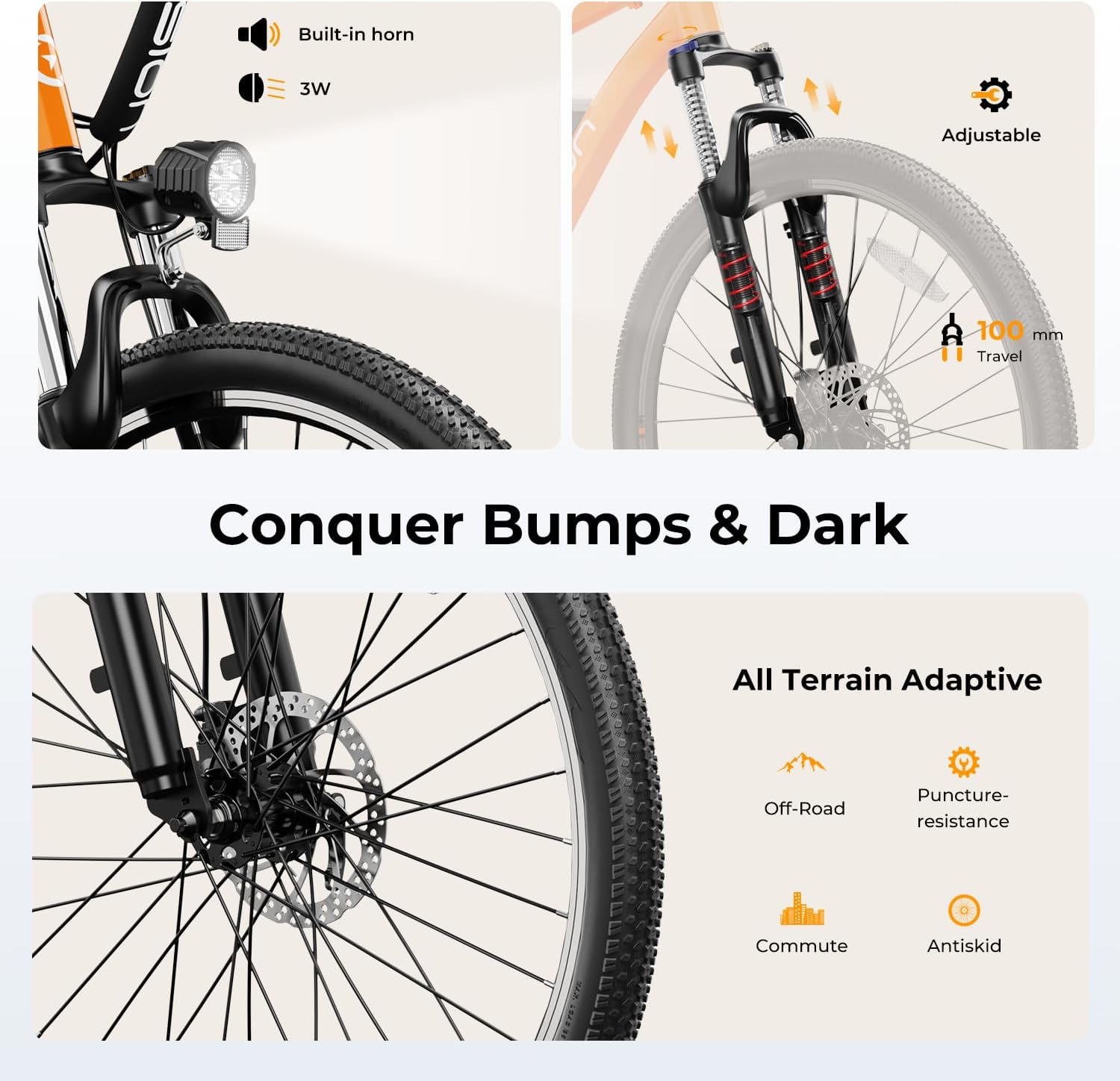 Jasion EB5 Electric Bike for Adults with Peak 750W Brushless Motor, 40Miles 20MPH Commuting Electric Mountain Bike with 360Wh Removable Battery, 7-Speed, 26inch Tires and Front Fork Suspension