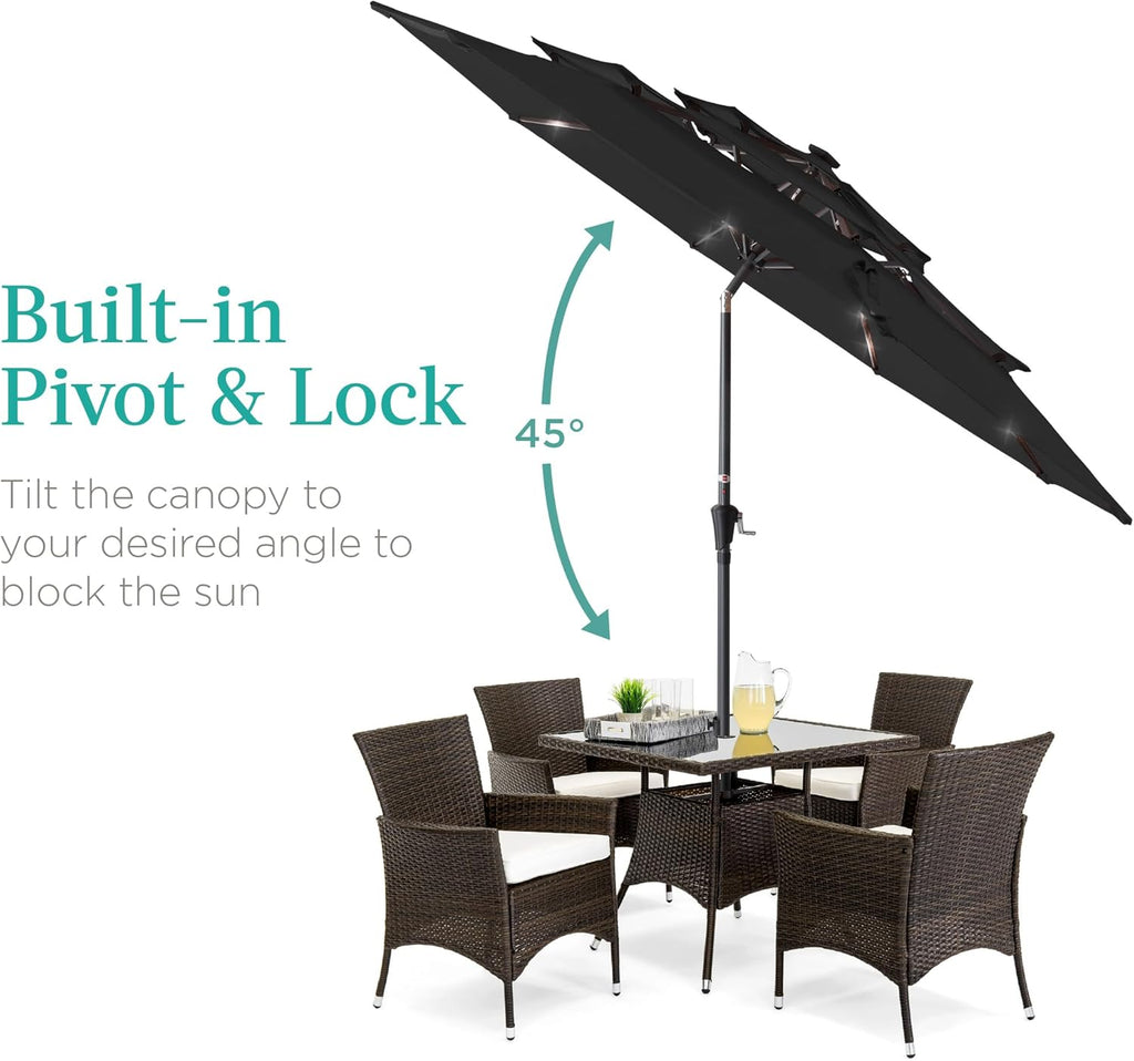Best Choice Products 10ft 3-Tier Solar Patio Umbrella, Outdoor Market Sun Shade for Backyard, Deck, Poolside w/ 24 LED Lights, Tilt Adjustment, Easy Crank, 8 Ribs - Black