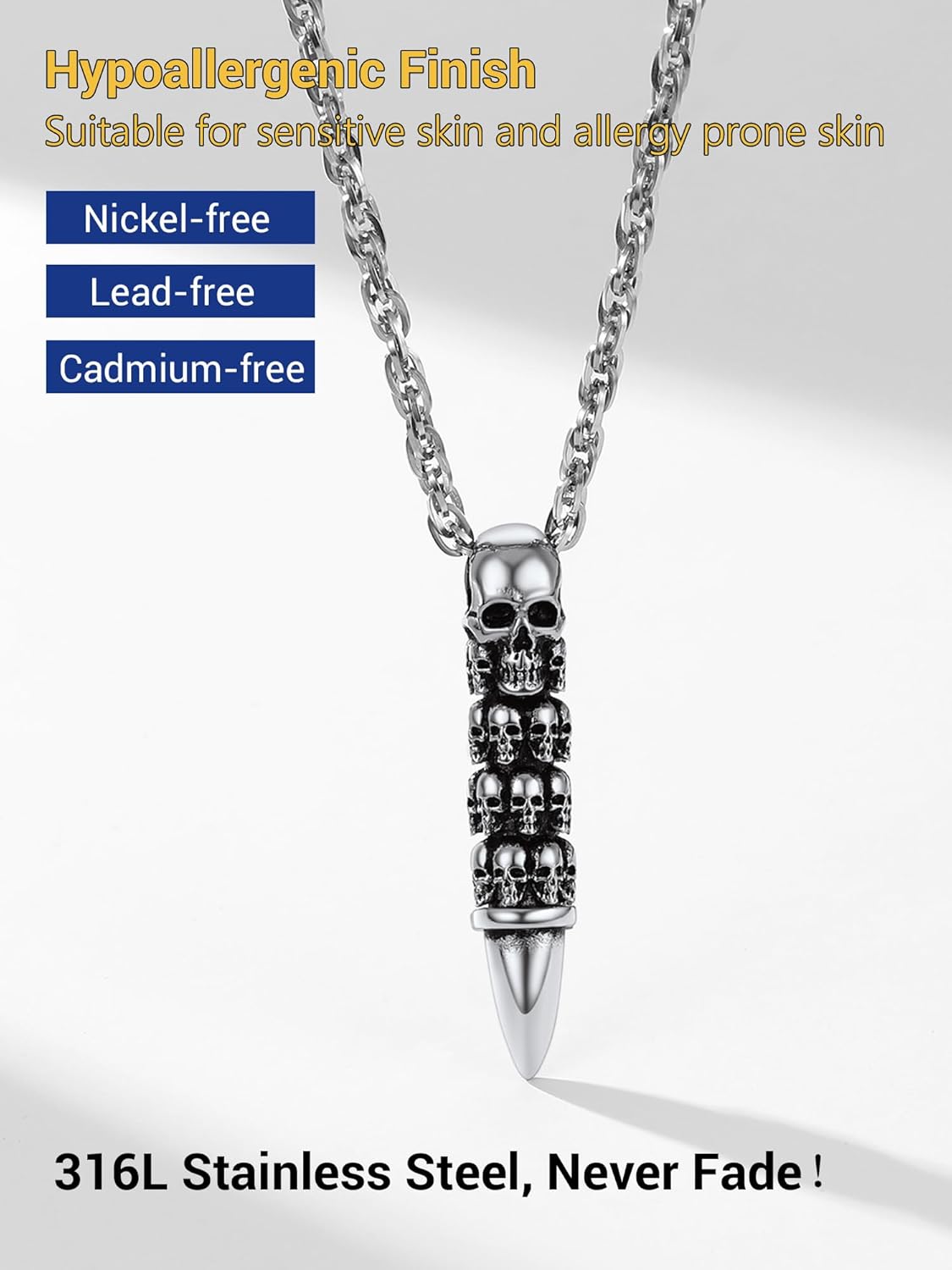Skull Necklace for Men, Stainless Steel Skeleton Pendant Necklaces, Retro Hip Hop Punk Style, Gothic Halloween Jewelry, Come with Box