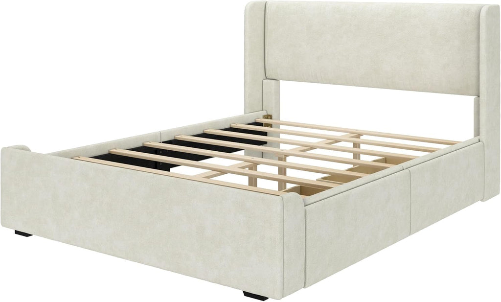 Plank+Beam Upholstered Queen Bed Frame with Rectangular Headboard and Two Storage Drawers, Upholstered Platform Bed, No Box Spring Needed, Easy Assembly, Cream