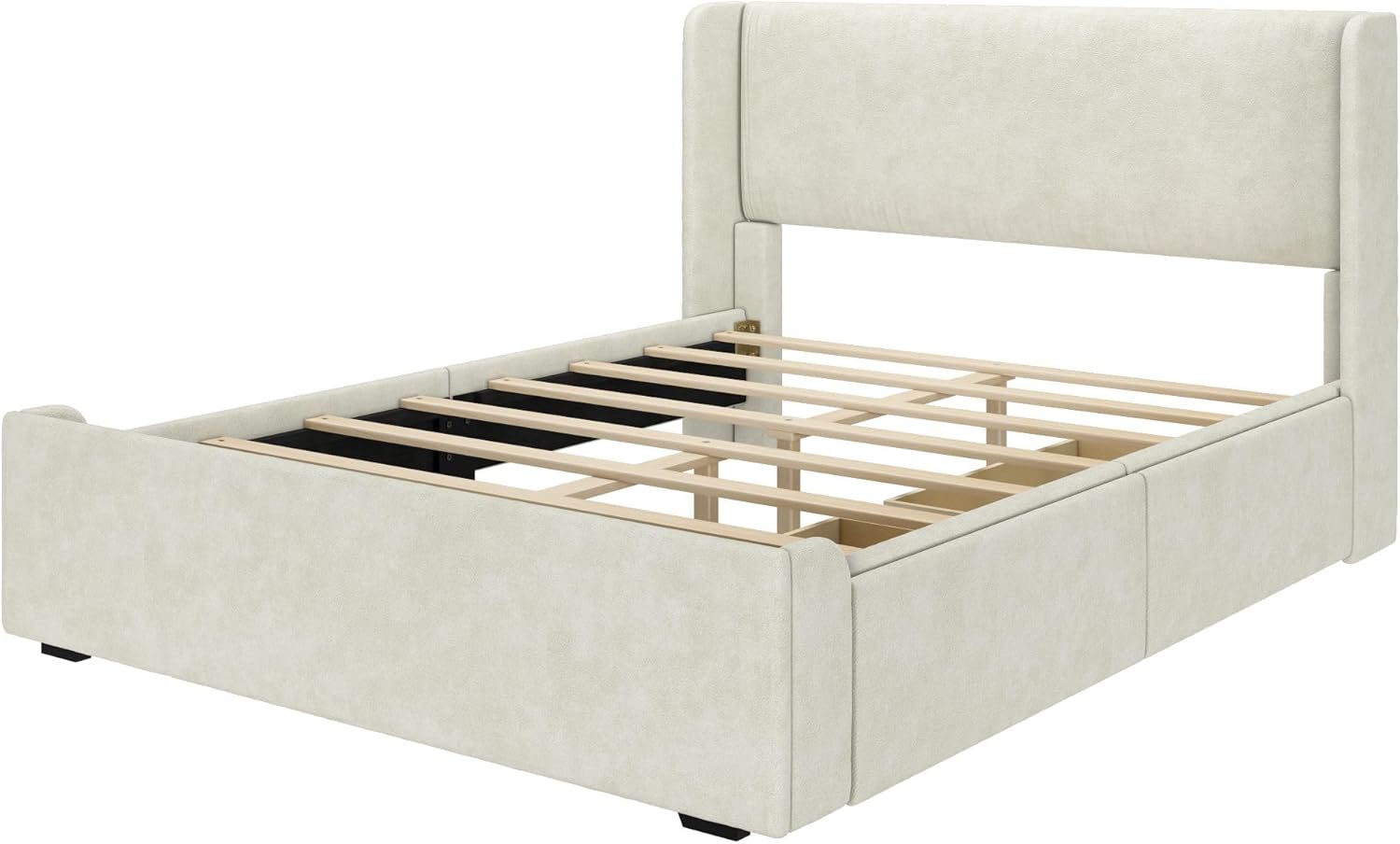 Plank+Beam Upholstered Queen Bed Frame with Rectangular Headboard and Two Storage Drawers, Upholstered Platform Bed, No Box Spring Needed, Easy Assembly, Cream
