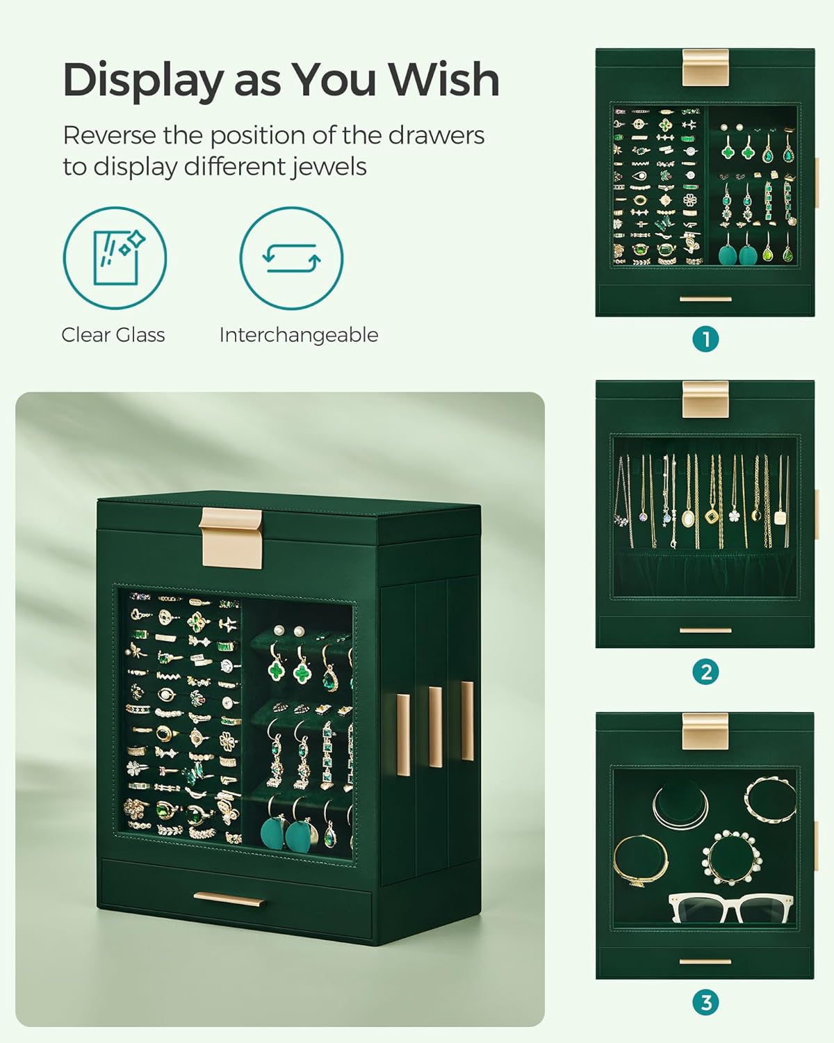 SONGMICS Jewelry Box with Glass Window, 5-Layer Jewelry Organizer with 3 Side Drawers, Jewelry Storage, with Big Mirror, Modern, 6.1 x 10.3 x 12.6 Inches, Forest Green and Metallic Gold UJBC162C01