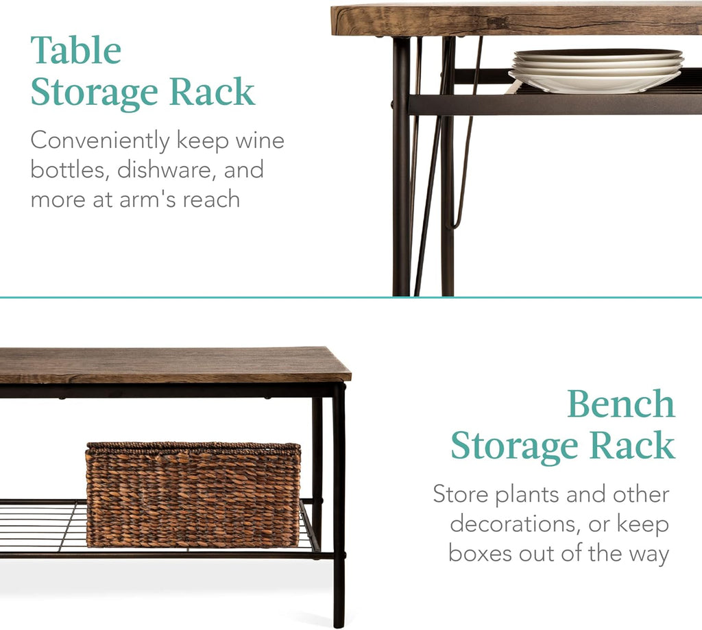 Bes Choic Product 6-Piec 55i Moder Dinin Se fo Home Kitchen Dinin Roo w/Storag Racks Rectangula Table Bench Chairs Stee Fram Brown