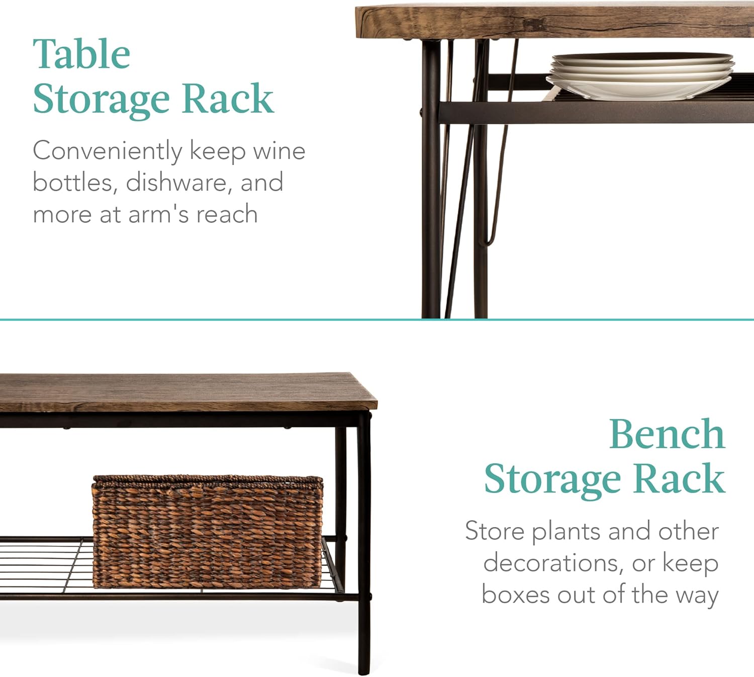 Bes Choic Product 6-Piec 55i Moder Dinin Se fo Home Kitchen Dinin Roo w/Storag Racks Rectangula Table Bench Chairs Stee Fram Brown