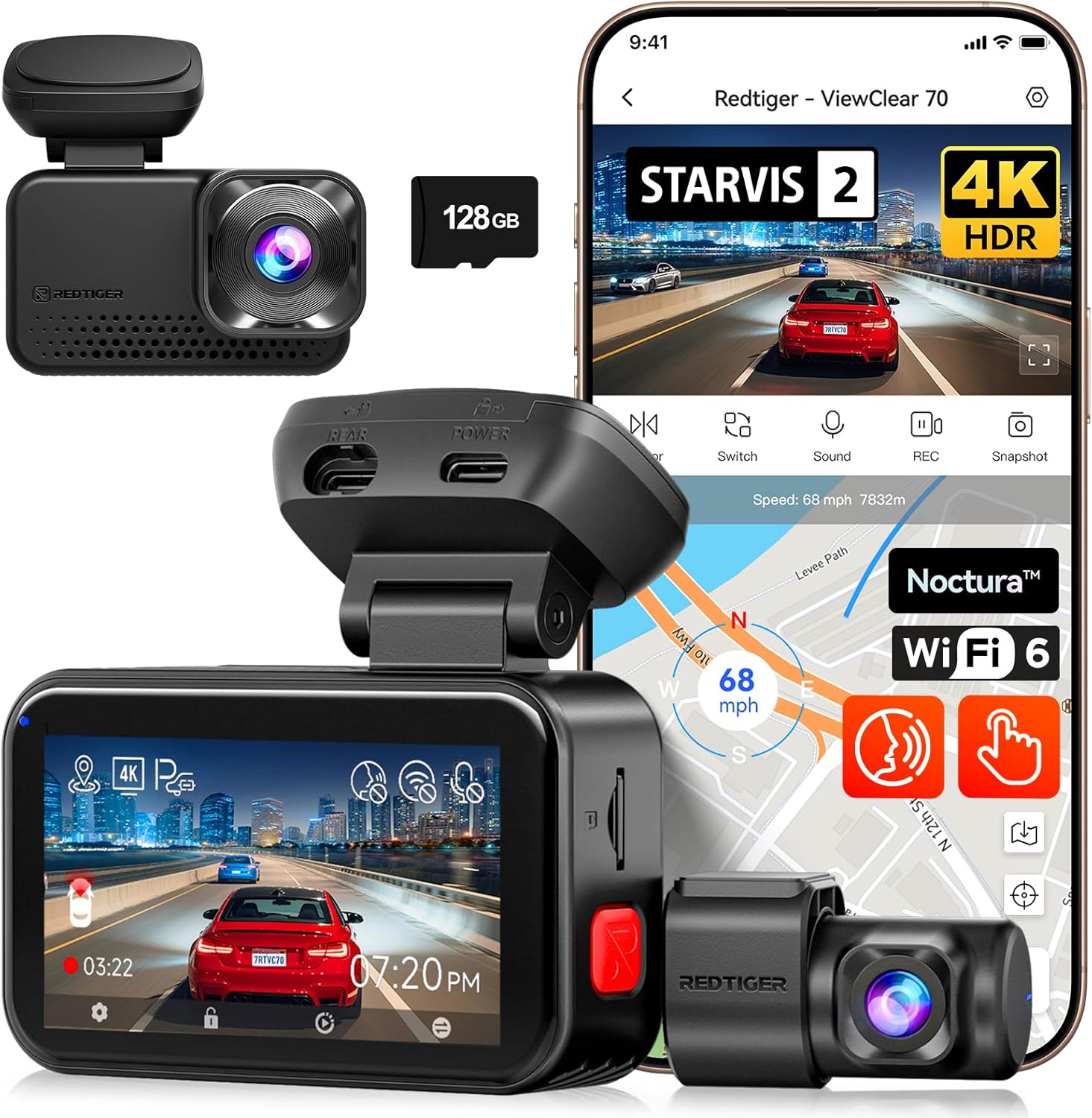 REDTIGE ViewClea 7 4K+2.5 Das Ca Fron an Rear 8M STARVI IMX67 Noctura Sensor Dua HD Hype Nigh Clarity 5.8GH WiF 6 30MB/ Fas Download Das Camer wit 24 Parkin Monitor