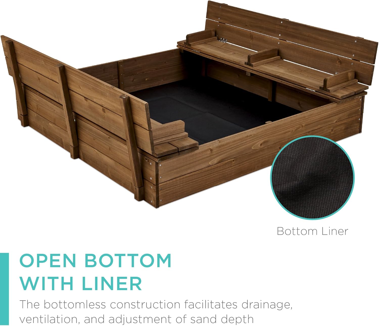 Best Choice Products Kids' Outdoor Wooden Sandbox Large, Cedar Wood with Foldable Bench Seats and Sand Protection, Bottom Liner Included - Walnut