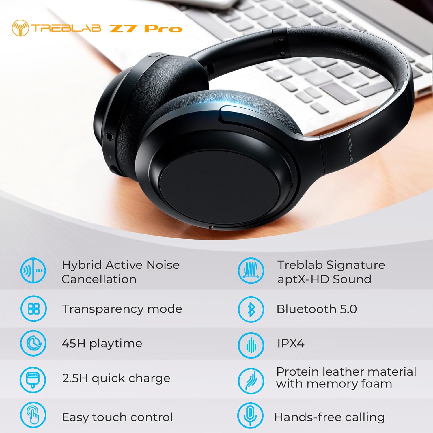 TREBLA Z Pr Hybri Activ Nois Cancellin Headphones Signatur aptX-H Audio Memor Foa Ea Cups Foldable 45 Play Bluetoot 5 Fas Charging Workou Ove Ea Headphone Wireles Wit Mic