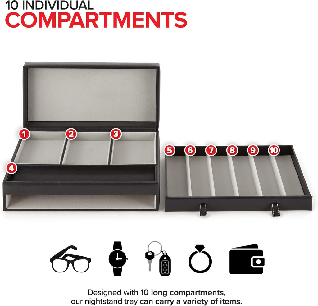 Stock Your Home Mens Valet Tray, Men's Jewelry Box, Night Stand Organizers and Storage, Bedside Table Organizer, Watch Box for Dresser, Faux Leather (Black Gray)