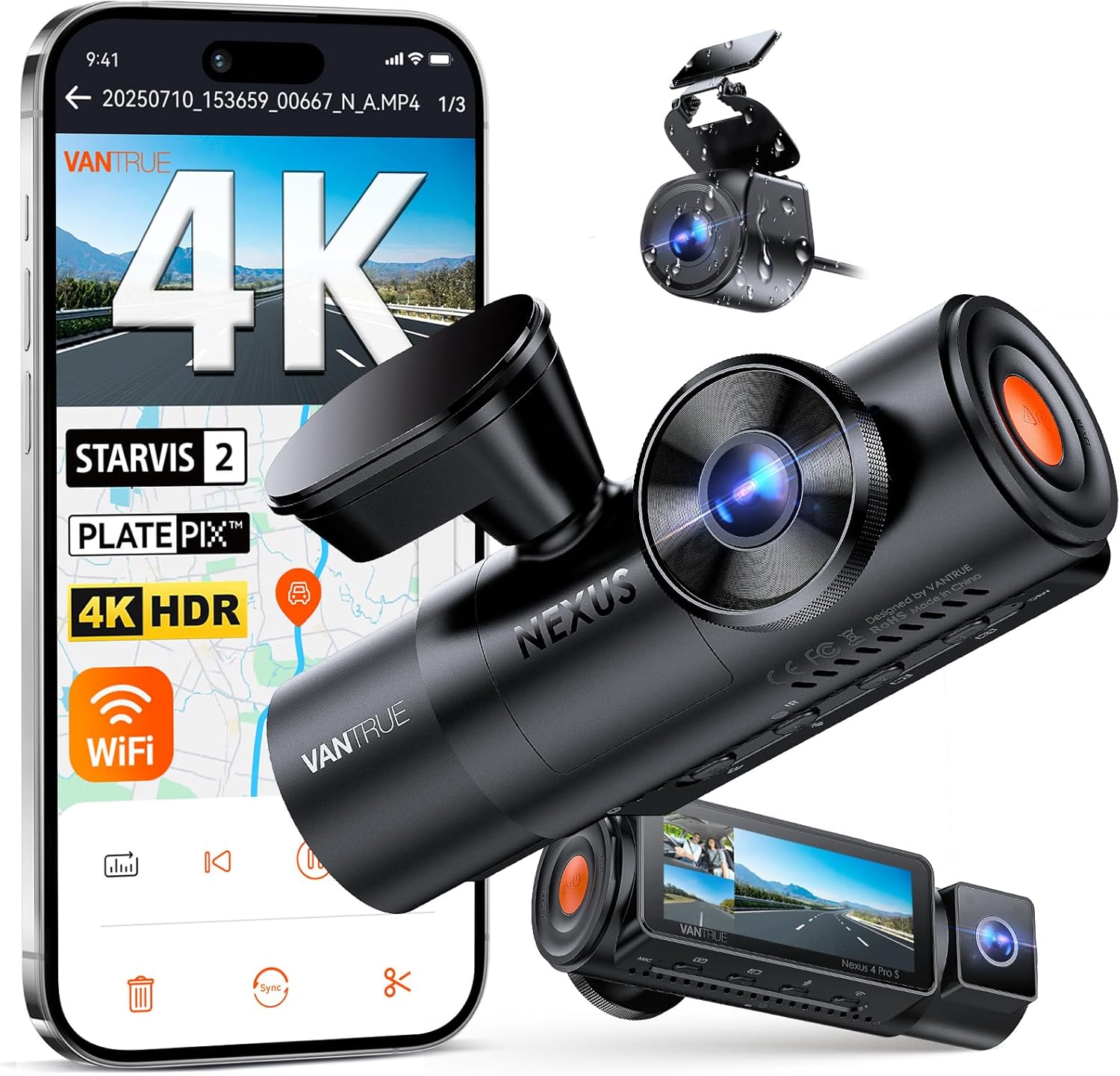 Vantru N Pr 4 Channe Das Ca w/Tripl STARVI 2 4K+1080P+2.5 Fron Insid Rea Das Camera 4k+2.5 Dua Channel HD I Nigh Vision Voic Control Parkin Mode GPS Wi-Fi Suppor 1TB