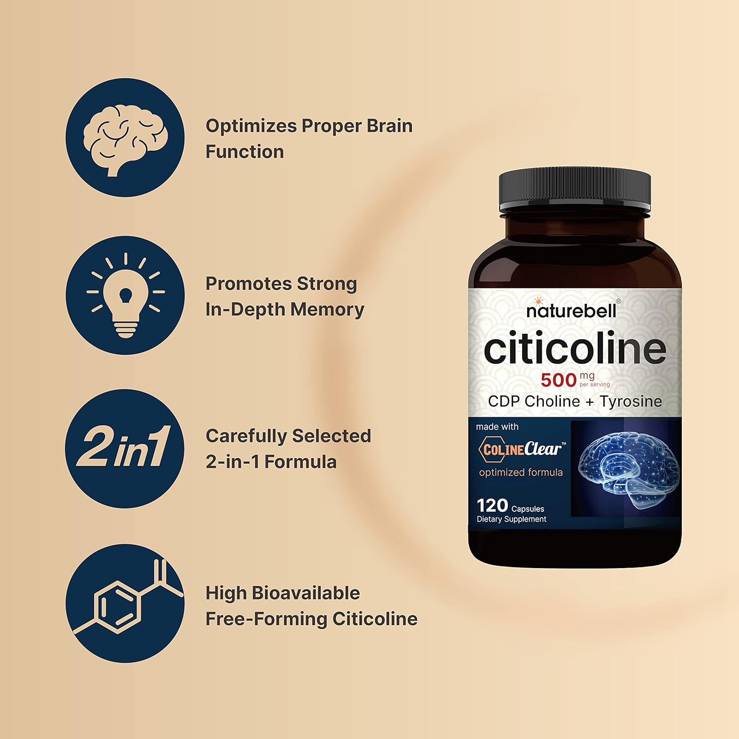 NatureBel Citicolin Supplements CD Choline Citicolin 500m Plu Tyrosin 50m Pe Serving Optimize Dosage 12 Capsules i Formula Dua Actio Brai Supplement Non-GMO