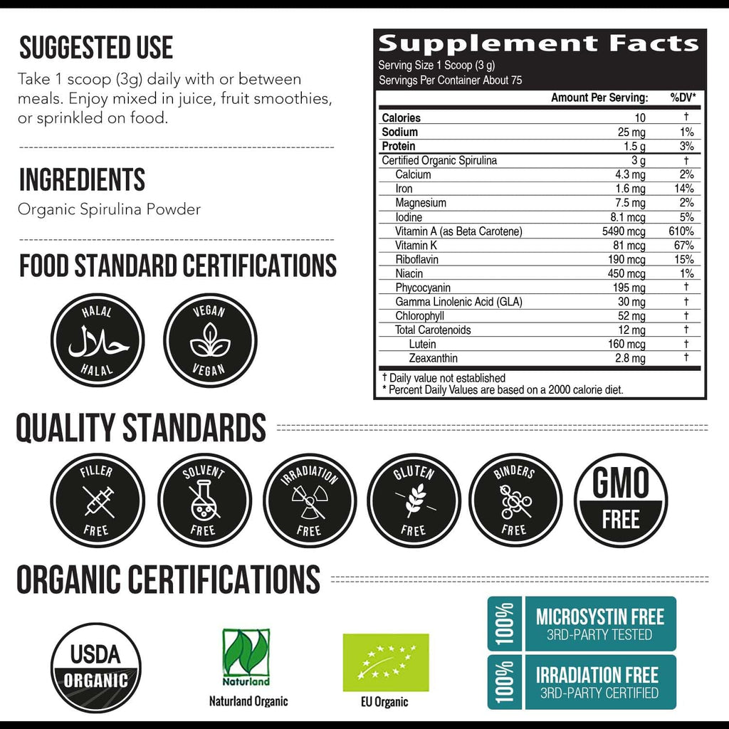 Organi Spirulin Powde Mad wit Parry Spirulina Know fo Superio Purit an Nutrien Densit Vega Farmin Non-Irradiate Blue-Gree Alga Superfoo Supplemen 7 Serving  oz