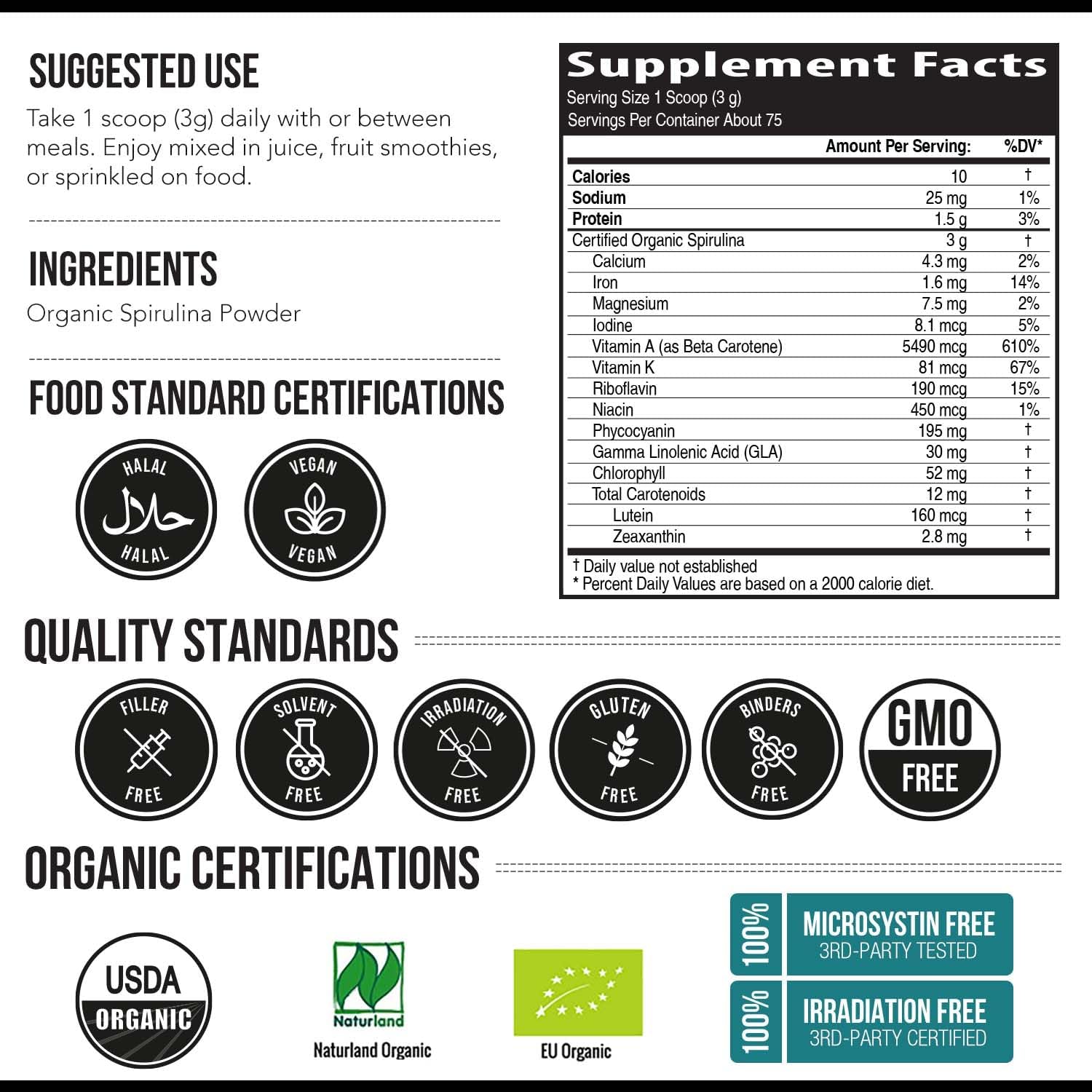 Organi Spirulin Powde Mad wit Parry Spirulina Know fo Superio Purit an Nutrien Densit Vega Farmin Non-Irradiate Blue-Gree Alga Superfoo Supplemen 7 Serving  oz