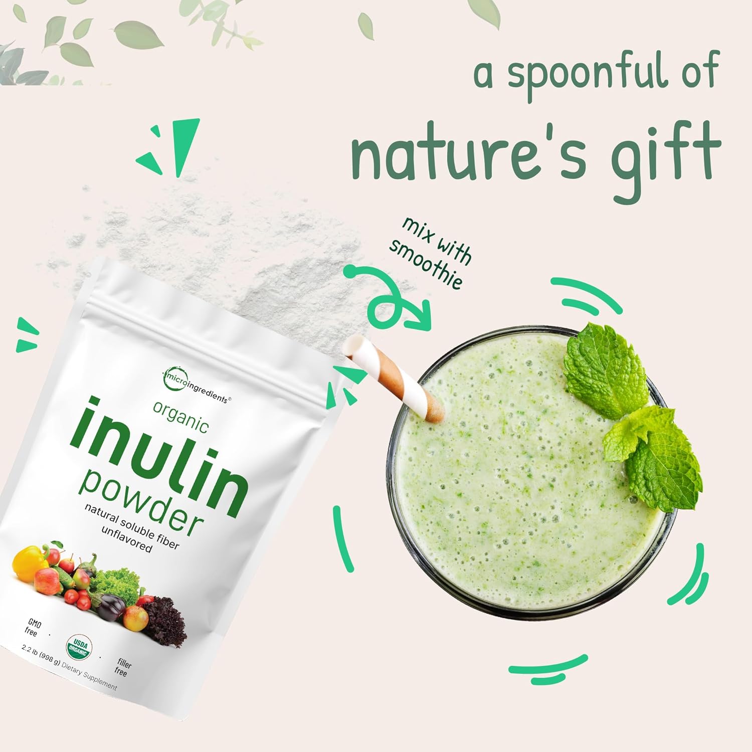 Micro Ingredients Organic Inulin FOS Fiber Powder, 2.2 lbs | Quick Water-Soluble Prebiotic | Natural Fiber for Smoothies Drinks | Vegan Friendly, Dissolves Clear