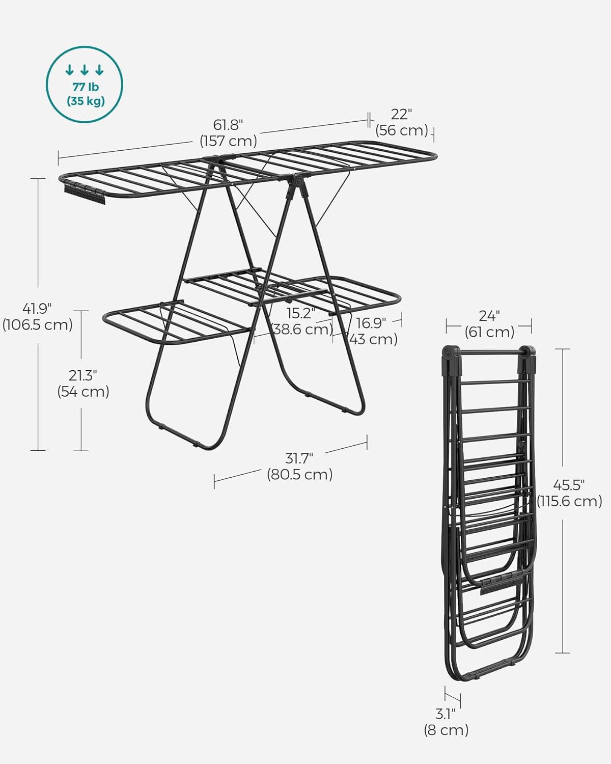 Clothes Drying Rack, Foldable 2-Level Laundry Drying Rack, Free-Standing Laundry Airer, with Height-Adjustable Wings, 33 Drying Rails, Sock Clips, Black ULLR053B01V1