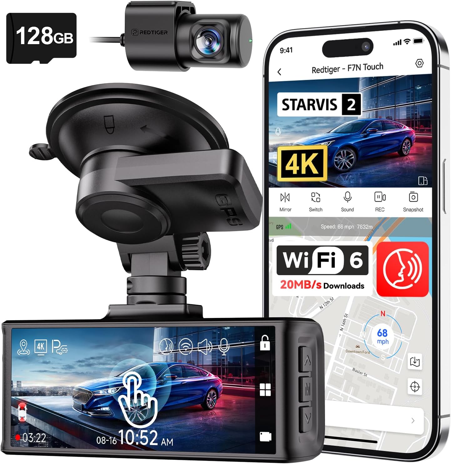 REDTIGE 4 STARVI Das Ca Fron an Rear 5GH WiF 20MB/ Download 128G Car Included Voic Control Das Camer fo Car wit 3.18inc Touc Screen GPS Loo Recording Parkin Mode(F7 Touch)