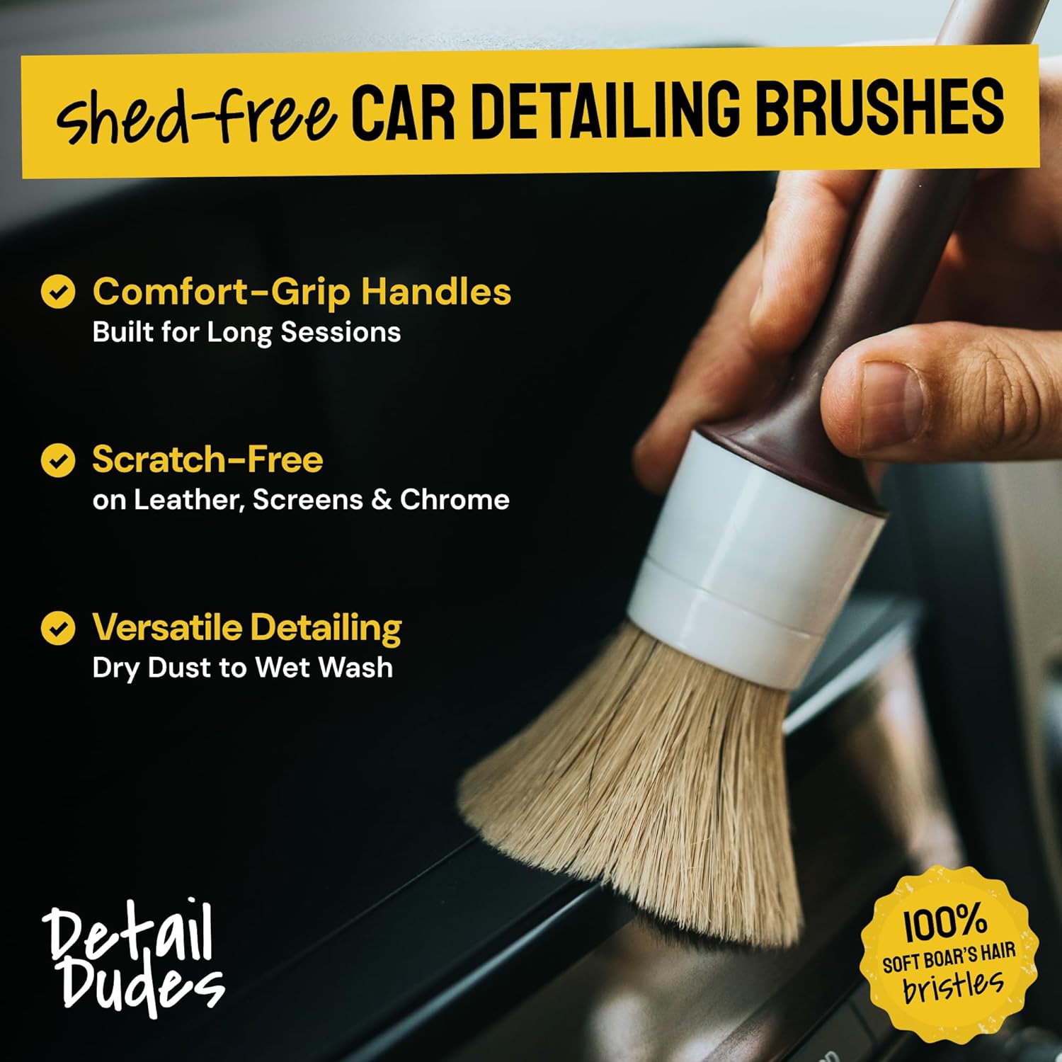 Soft Boar Hair Car Detailing Brush Set - 6-Pack - Scratch-Free Soft Bristle Cleaning Brushes - Reaches Tight Spots Interior Car Cleaning Kit - Ergonomic Durable Detailing Supplies