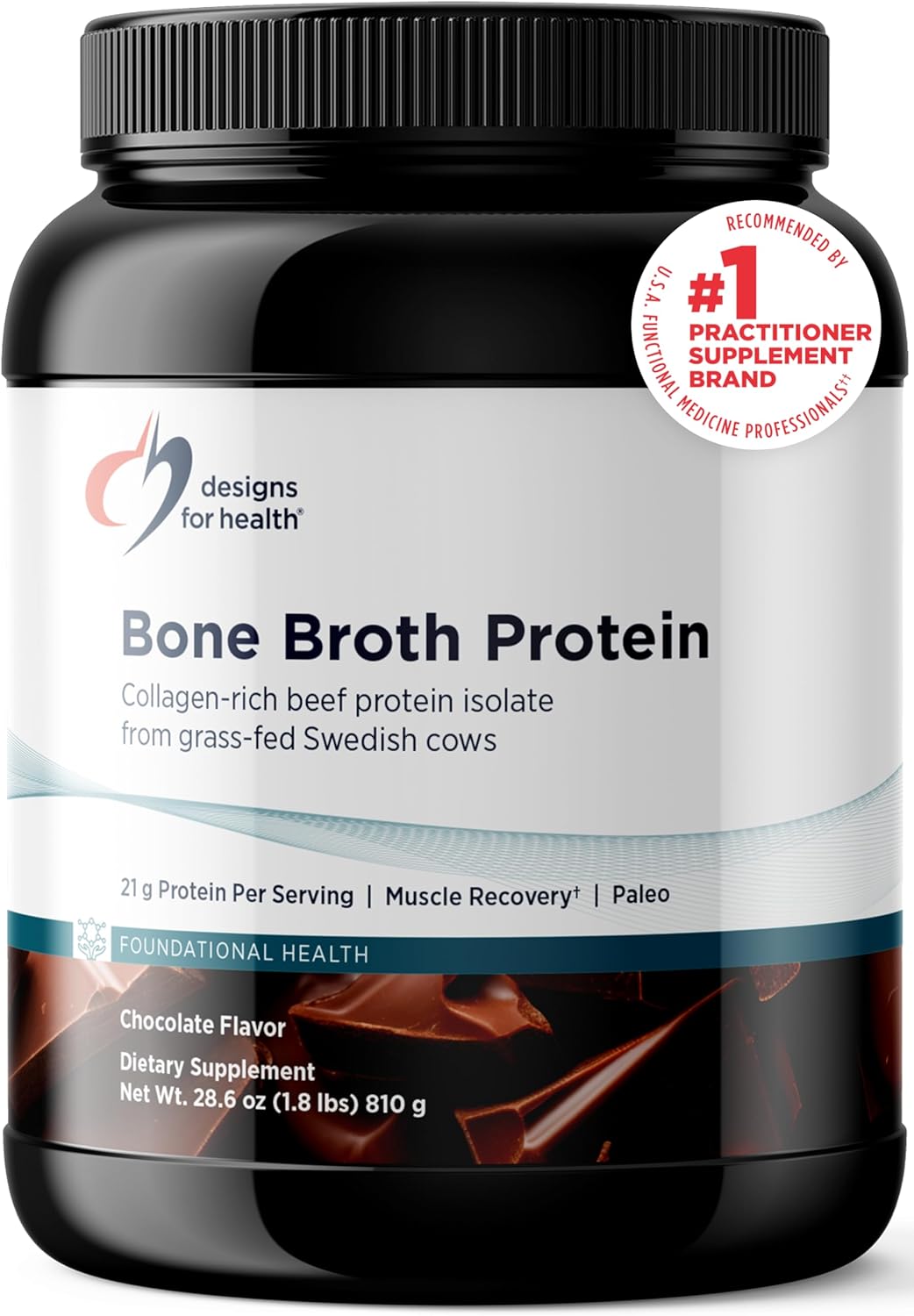 Designs for Health Bone Broth Protein Powder ¨C 21g Grass-Fed, Collagen-Rich Beef Protein Isolate - Chocolate, Paleo, Non-GMO, Dairy-Free (30 Servings / 810g)