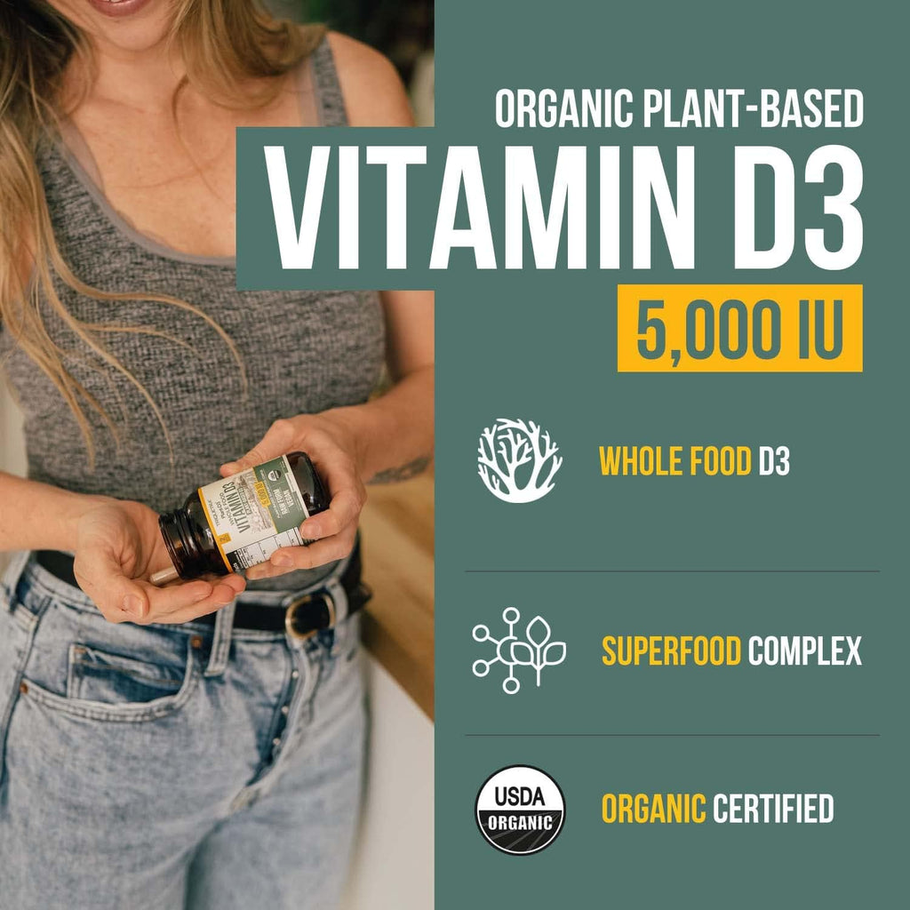 Organic Vitamin D3 5,000 IU - 100% Whole Food & Plant-Based Cholecalciferol Form, 100% Vegan Vitamin D - Enhanced with Prebiotic & Superfood Complex ¨C Organic, Vegan, GMO & Gluten Free (60 Capsules)