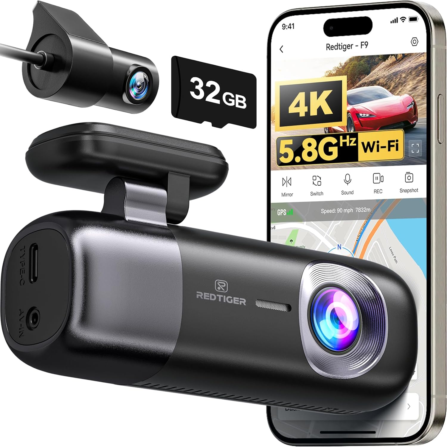 REDTIGE F Das Ca 4 Fron an Rea 1080P WiF GP Ca Camer wit 32G Card Dua Das Camer fo Cars Loo Recording Nigh Vision Parkin Mode Smar Ap Control Suppor 256G Max