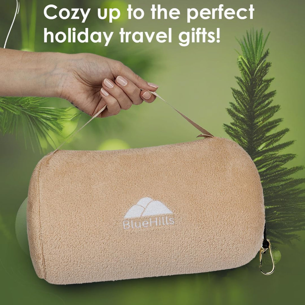 BlueHills Travel Blanket Pillow Rolled Premium Soft Plush Airplane Throw Traveler Essentials Gift Compact in a Bag 70X48 inches Long Car Plane Flight Portable Beige R06
