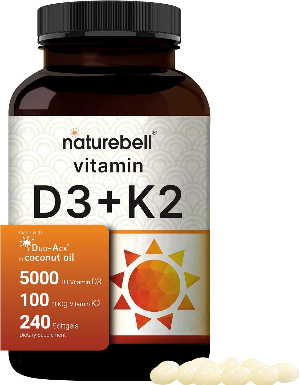 NatureBel Vitami D 5,00 I K 10 mcg 24 Softgel Dail 2-in- Formul wit Virgi Coconu Oi Bone Hear Immun Suppor MK- For Non-GMO Gluten-Free