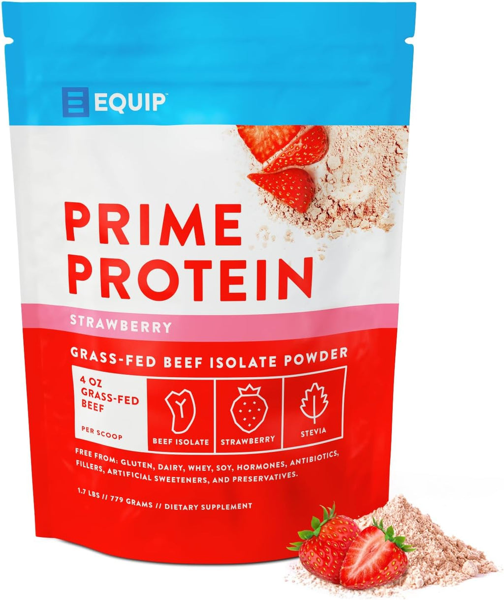 Equip Foods Prime Protein Powder | Clean, Grass Fed Beef Protein Powder | Carnivore Protein Isolate | Paleo, Keto Friendly | Gluten Dairy Free | Helps Build Repair Tissue | 30 Servings, Strawberry