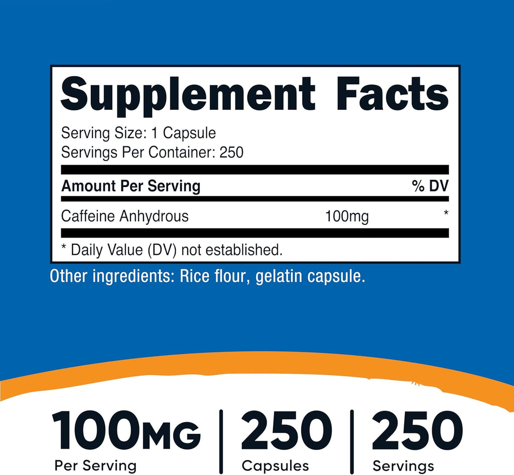 Nutricost Caffeine Pills 100mg Per Serving, 250 Capsules