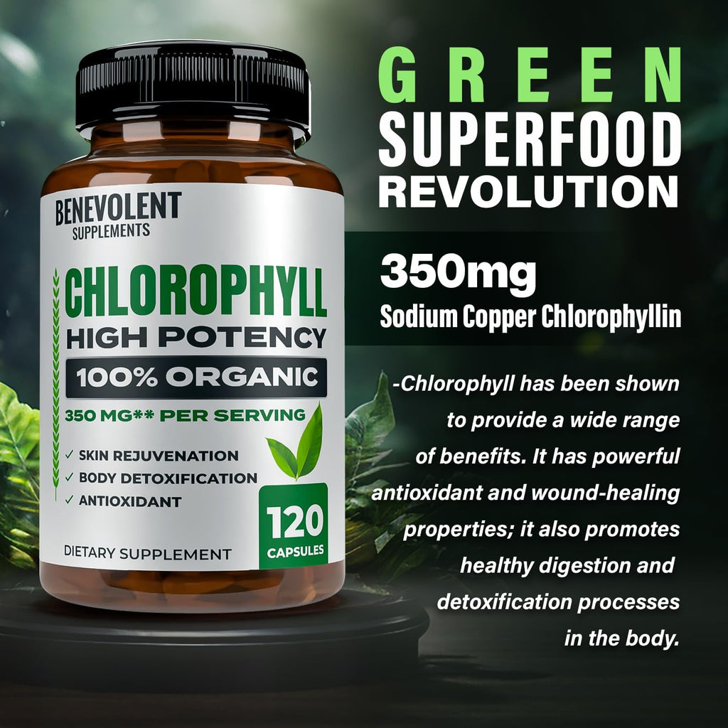 Benevolen Chlorophyl Capsule 350m 100 Natura Ultr Chlorophyl 20 Potenc Concentratio fo Energ Boost Immun Support Interna Deodorant Ski Health Non-GMO 12 Capsules