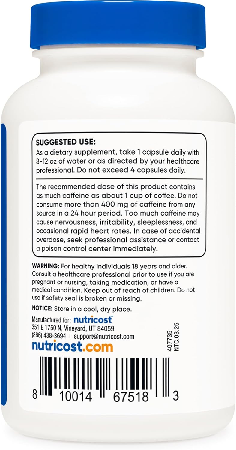 Nutricost Caffeine Pills 100mg Per Serving, 250 Capsules