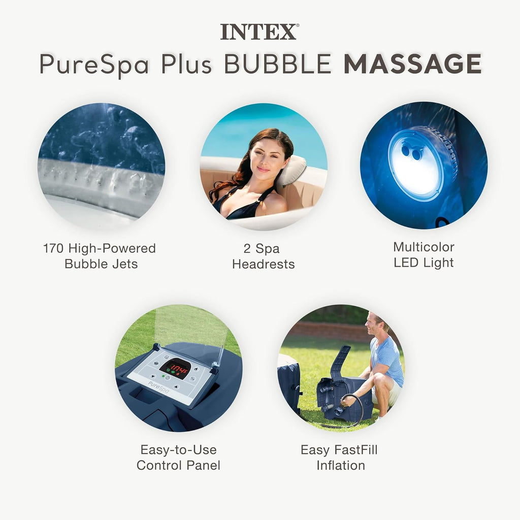 INTEX 28431EP PureSpa Plus Bubble Massage Inflatable Spa Set: Includes Energy Efficient Spa Cover ¨C2 Headrests ¨C LED Light ¨C 6 Person Capacity ¨C 85inch x 28inch