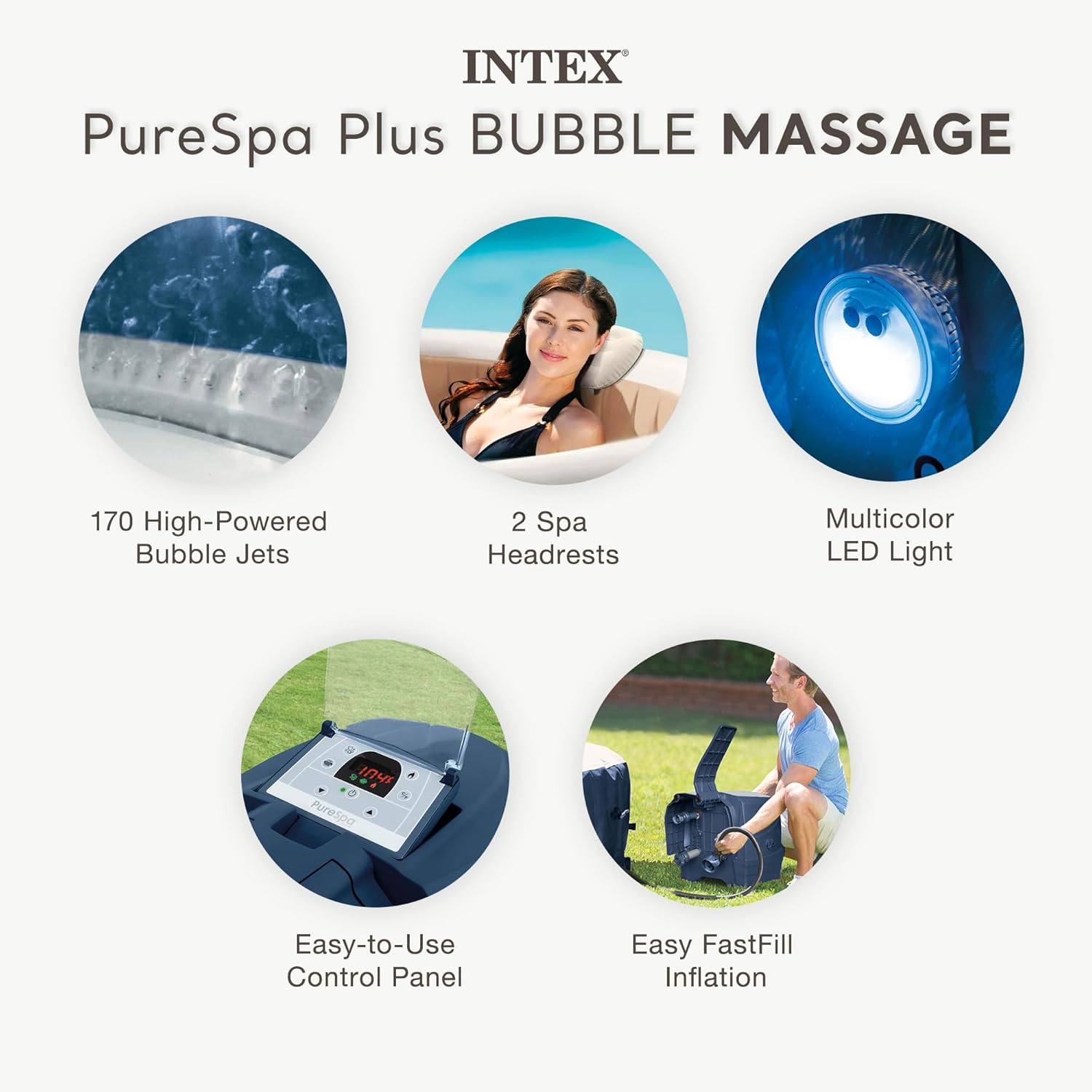 INTEX 28431EP PureSpa Plus Bubble Massage Inflatable Spa Set: Includes Energy Efficient Spa Cover ¨C2 Headrests ¨C LED Light ¨C 6 Person Capacity ¨C 85inch x 28inch