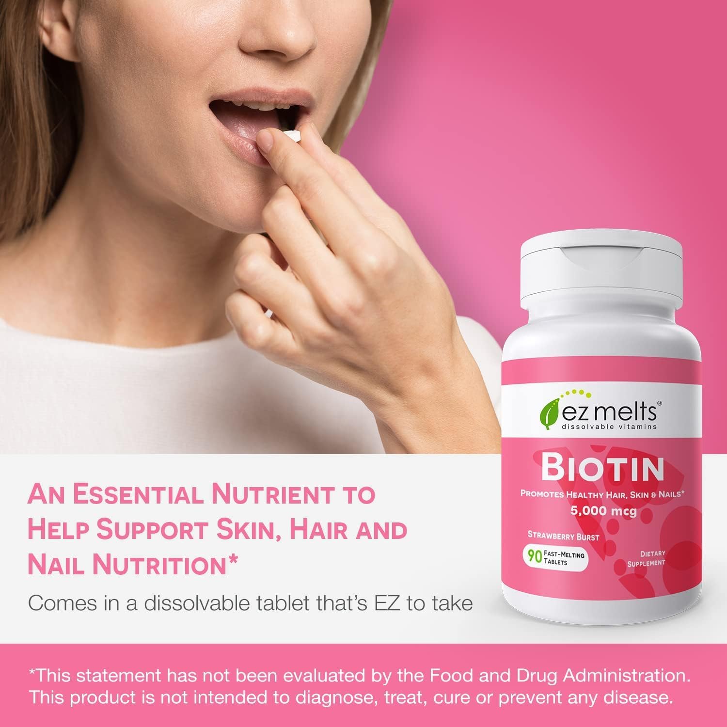 EZ Melts Dissolvable Biotin 5,000 mcg, Hair, Skin & Nail Support, Sugar-Free, 3-Month Supply - 1 Pack