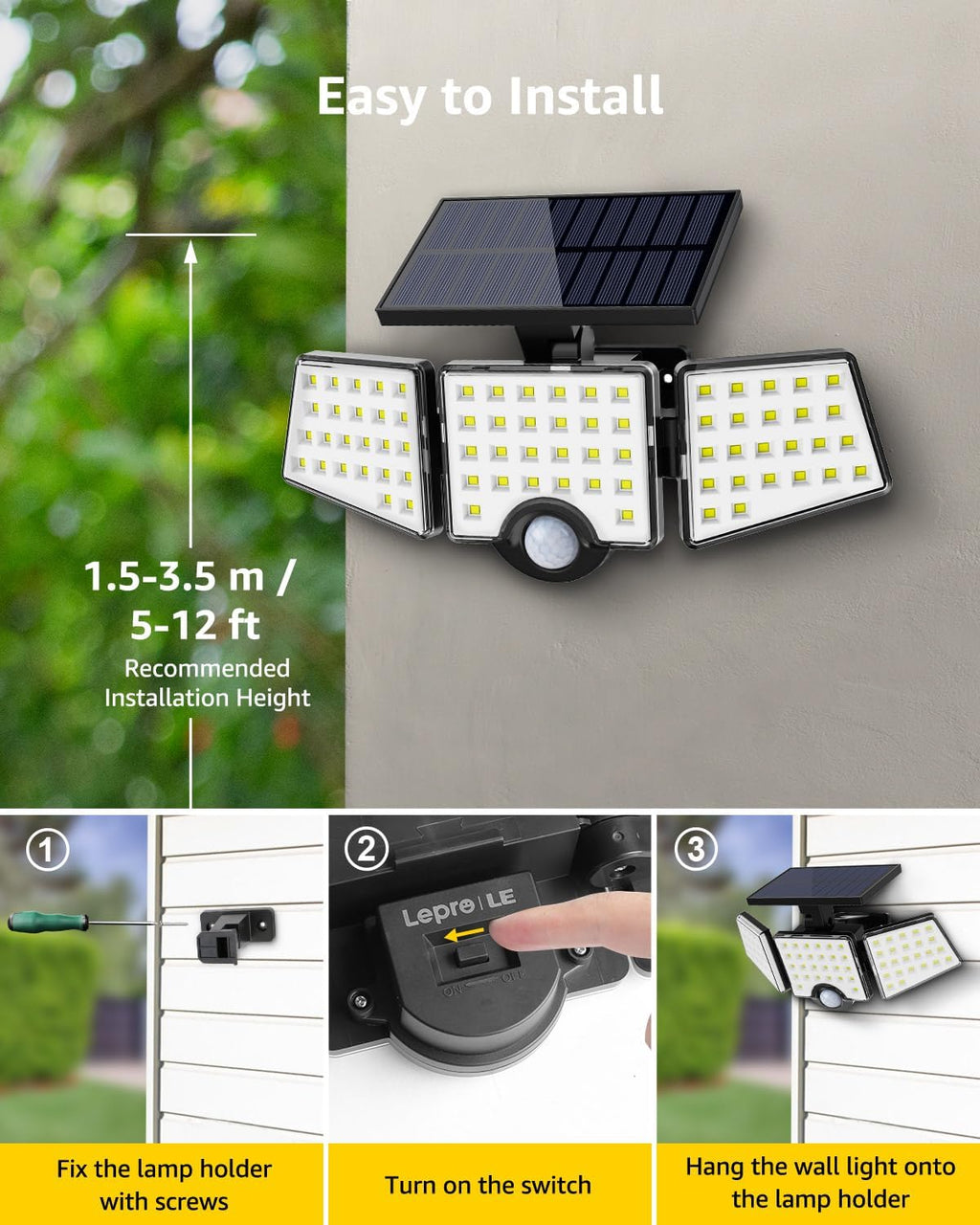 LE Solar Lights for Outside, Solar Lights Outdoor with Motion Sensor, WL4000 High Brightness, 3 Adjustable Heads 270¡ã Wide Lighting Angle, IP65 Waterproof, Wireless Wall Lamp for Yard Garage