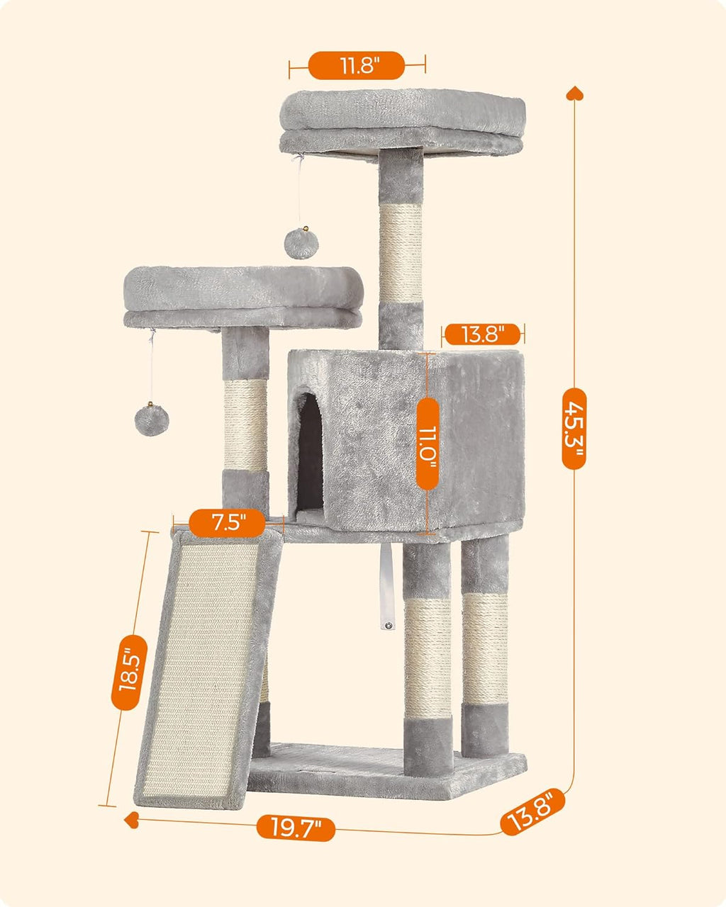 Feandrea Cat Tower, Cat Tree for Indoor Cats, 45.3-Inch Cat Condo with Scratching Post, Ramp, Perch, Spacious Cat Cave, for Kittens, Elderly Cats, Adult Cats, Small Space, Light Gray UPCT141W01