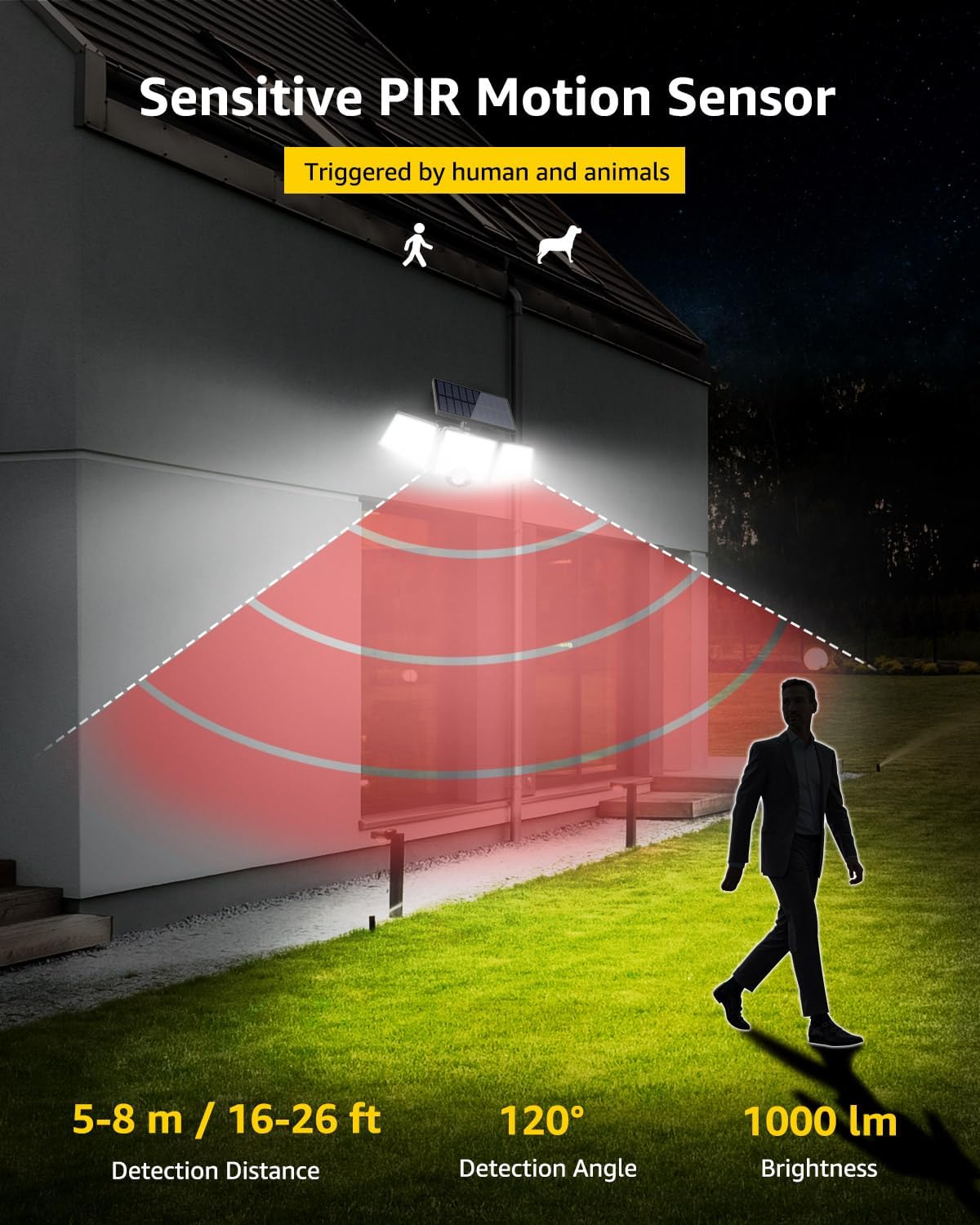 LE Solar Lights for Outside, Solar Lights Outdoor with Motion Sensor, WL4000 High Brightness, 3 Adjustable Heads 270¡ã Wide Lighting Angle, IP65 Waterproof, Wireless Wall Lamp for Yard Garage