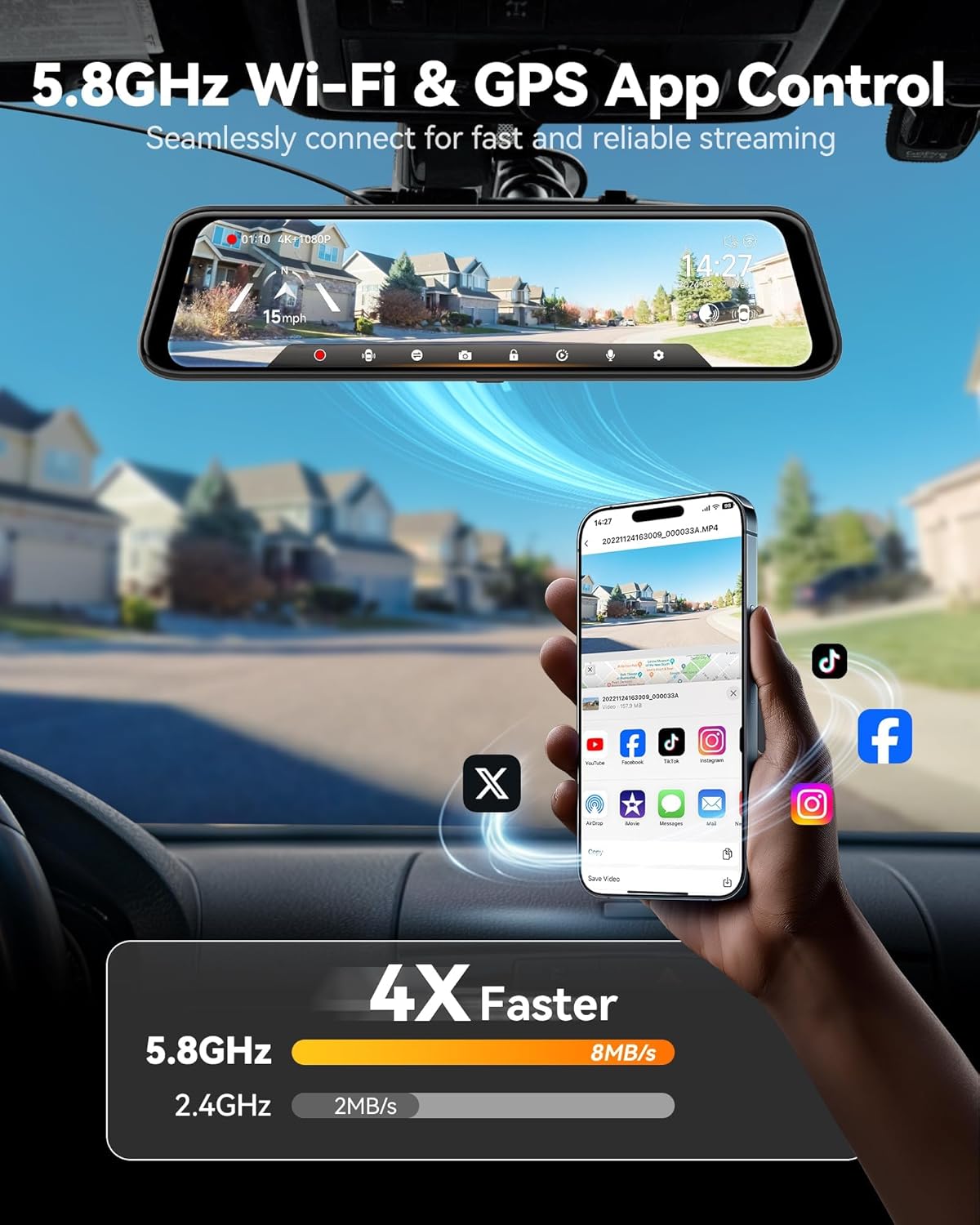 WOLFBO G85 PR 4 Mirro Das Ca wit ADA an BSD Smar Rea Vie Mirro wit 5.8GH WiFi Voic Control 1 inche Camer Include 64G Card GPS G-Sensor Loo Recording