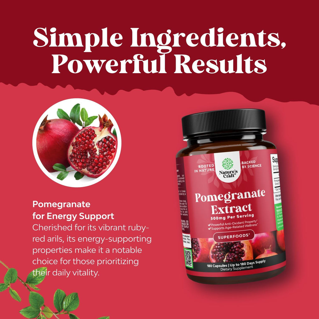Advanced Antioxidant Superfood Pomegranate Supplement - Natural Pomegranate Extract Polyphenols Supplement for Heart Health and Joint Support - Reds Superfood Powder Capsules for Men and Women 180ct