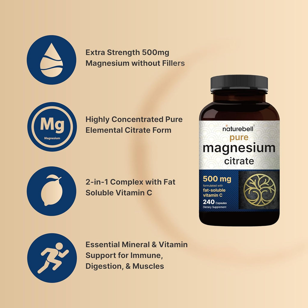 NatureBel Magnesiu Citrat 500mg 24 Capsule High-Purit Elementa For Non-GMO Gluten-Free