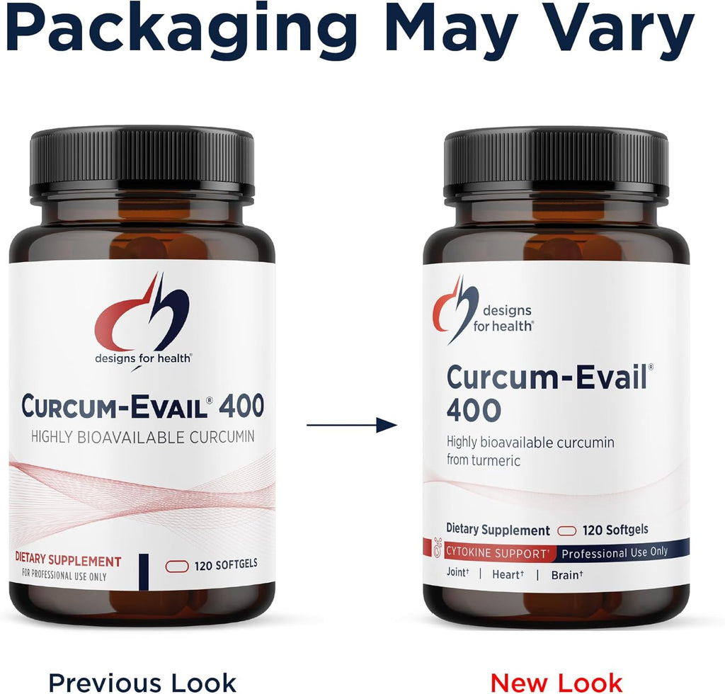 Designs for Health Curcum-Evail 400 - Bioavailable Turmeric Curcumin Supplements - Evail Emulsification Technology - Curcumin C3 Complex with Turmeric Oil + Vitamin E, Non-GMO (120 Softgels)