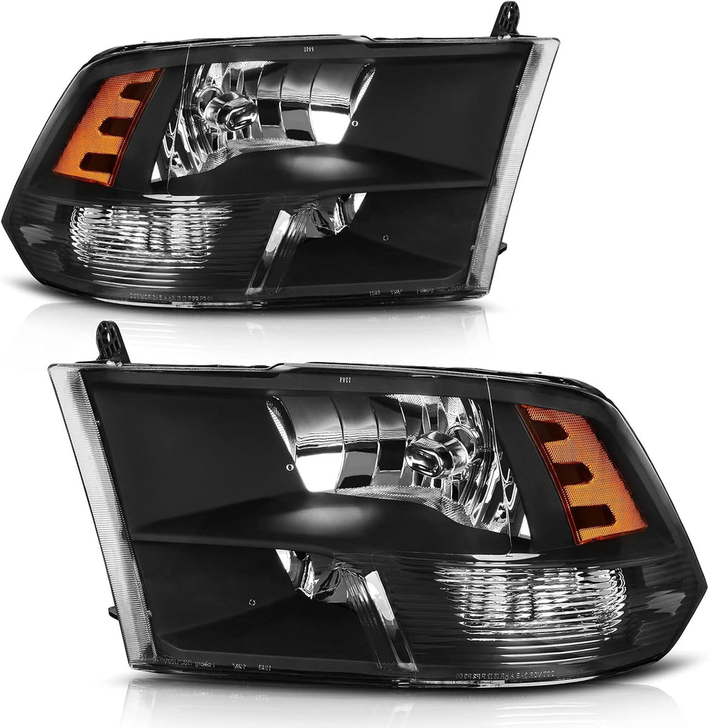 AUTOSAVER88 Headlights Assembly Compatible with 2009-2018 Dodge Ram 1500 2500 3500 Pickup / 2019-2022 Ram 1500 Classic Replacement Headlamp Black Housing (Only for Quad Models)