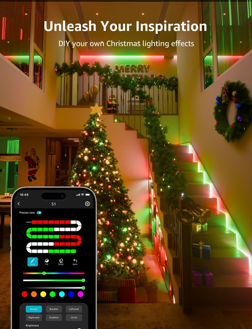 Lepro S1 AI LED Strip Lights for Christmas Decorations, 100ft(2 Rolls of 50ft) Smart RGB Light Strips with IC, Music Sync, Personalized Al Lighting Designer, No Remote, 2.4GHz Wi-Fi & Bluetooth