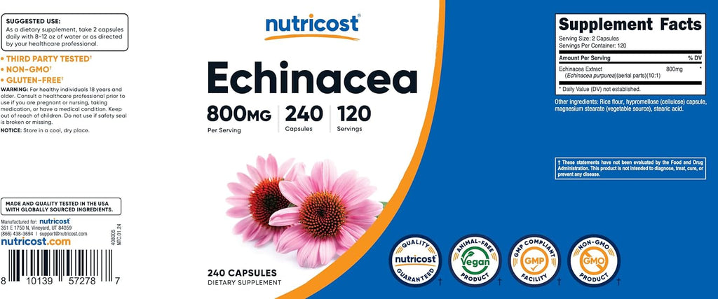 Nutricos Echinace 800mg 24 Capsule Vegetaria Caps No GMO Glute Free 12 Servings