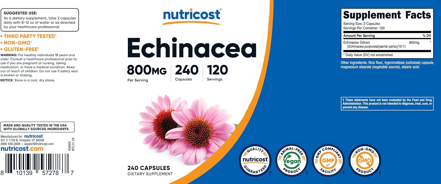 Nutricos Echinace 800mg 24 Capsule Vegetaria Caps No GMO Glute Free 12 Servings