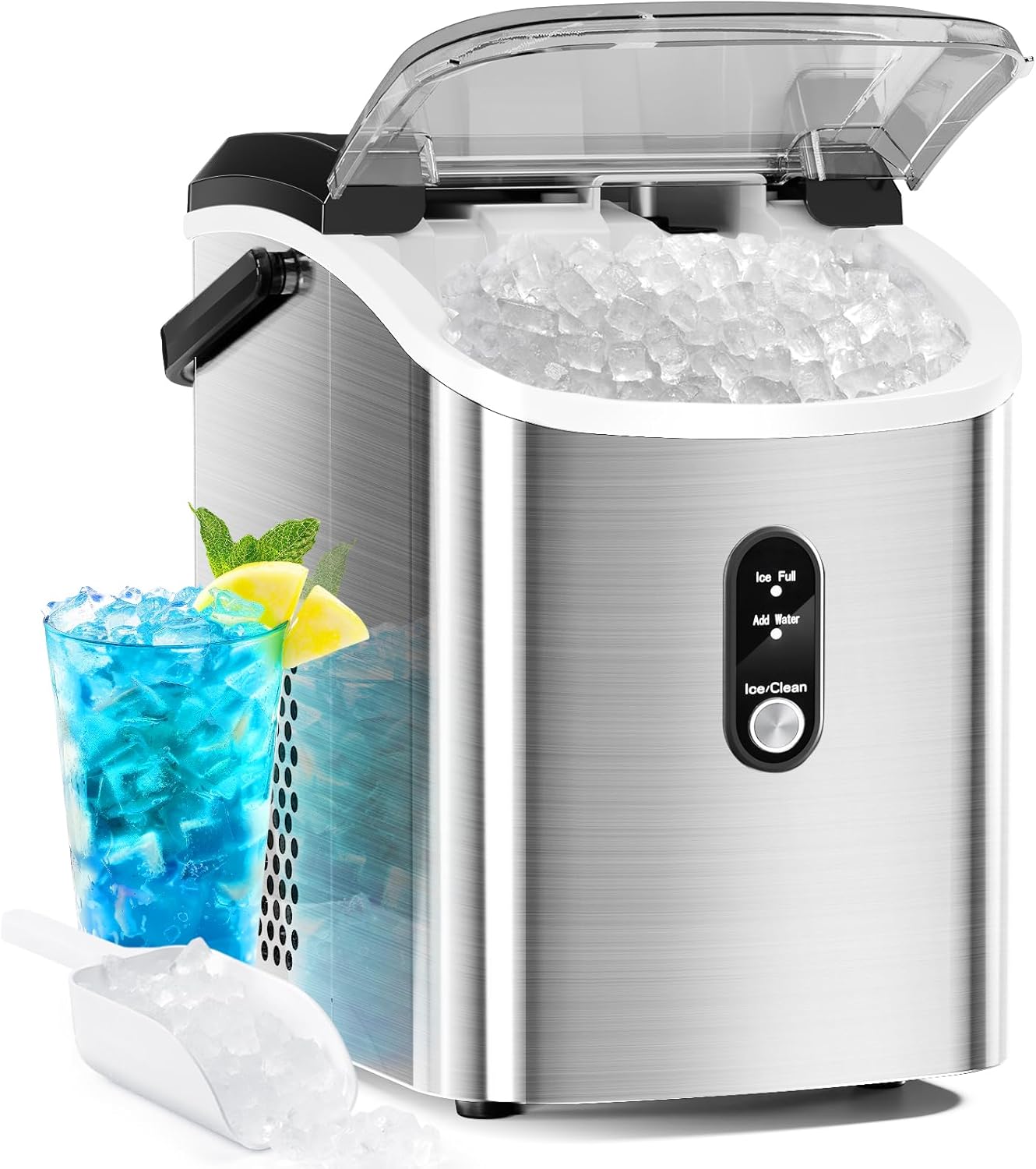 Antarcti Sta Nugge Counterto Ic Make wit Sof Chewabl Ice 34Lbs/24H Pebbl Portabl Ic Machin wit Ic Scoop Self-Cleaning On Butto Operation fo Kitchen,Offic Stainles Stee Silver