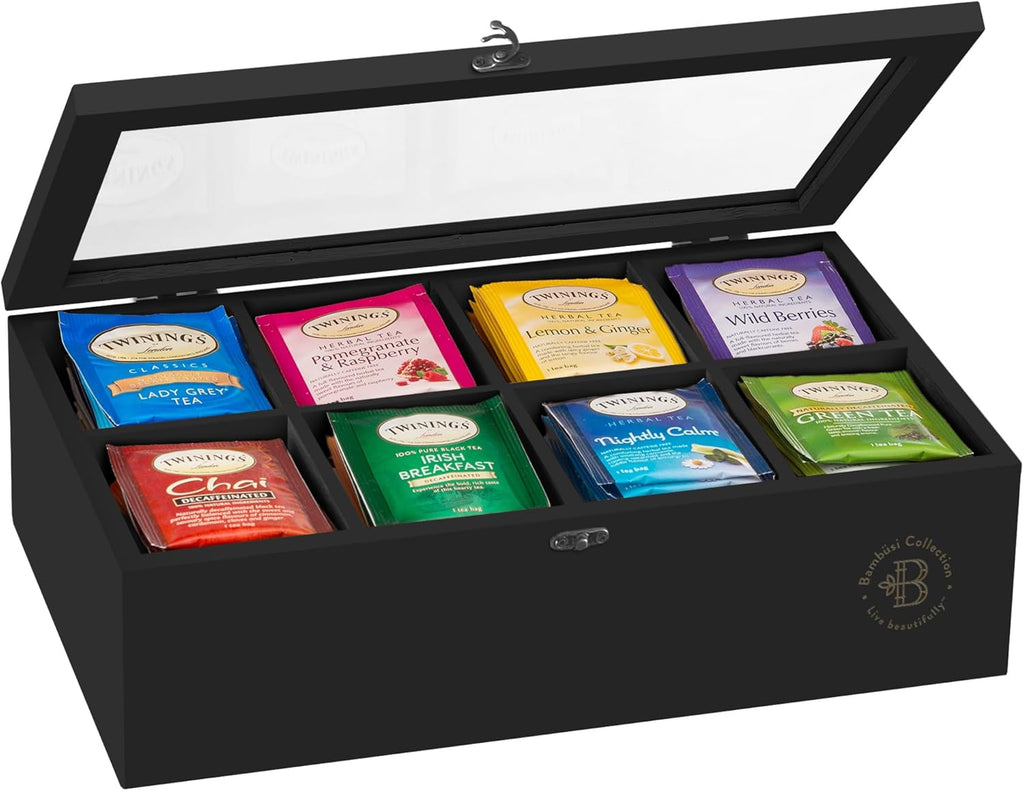 Bamb¨¹si Tea Bag Organizer - Bamboo Tea Box Organizer Storage Box, Tea Bag Holder with Acrylic Window, Magnetic Lid Keeps Tea Bags Fresh - Ideal Gifts Tea Organizer Caddy (Tea Not Included) - Black
