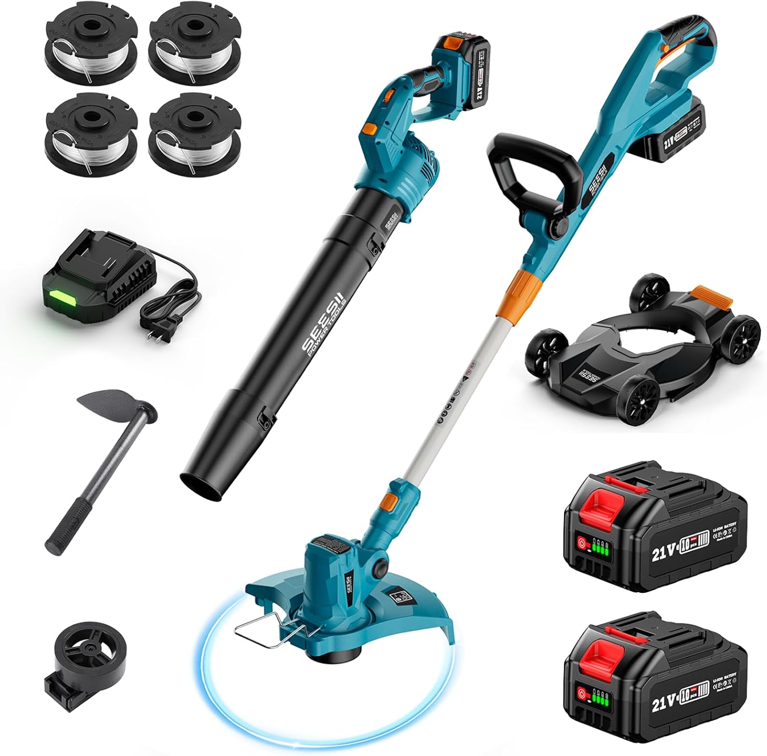 SEESI Electri Strin Trimme an Lea Blowe Comb Kit i Cordles Wee Wacke Gras Eate wit 1.3inch/2.1inc Height Batter 12inc Law Mowe Rotar Handhel Blowe wit 5-Spee fo Yar Lawn