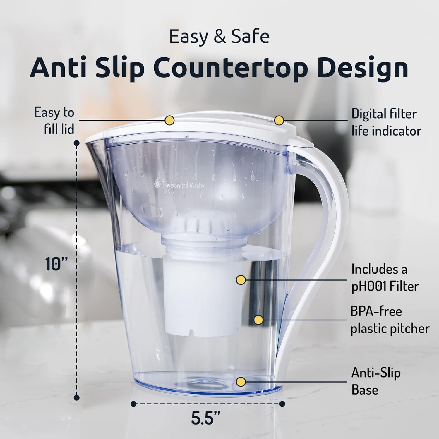 Invigorate Wate Filte Pitche wit Alkalin Filte BPA-Fre Hig p Purifier 14-Cu Capacit wit SmartLigh Filte Chang Indicator (9 Gallon Lon Filte Life