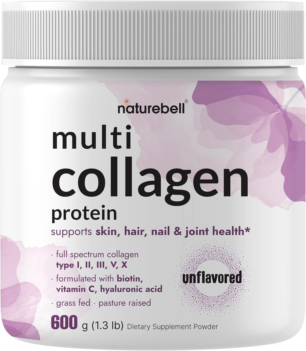 Mult Collage Protei Powde 600  Type (I II III V X Grass-Fe Pasture-Raise wit Bioti 5000mcg Vitami  Hyaluroni Aci Keto Paleo Unflavore (5 Servings)