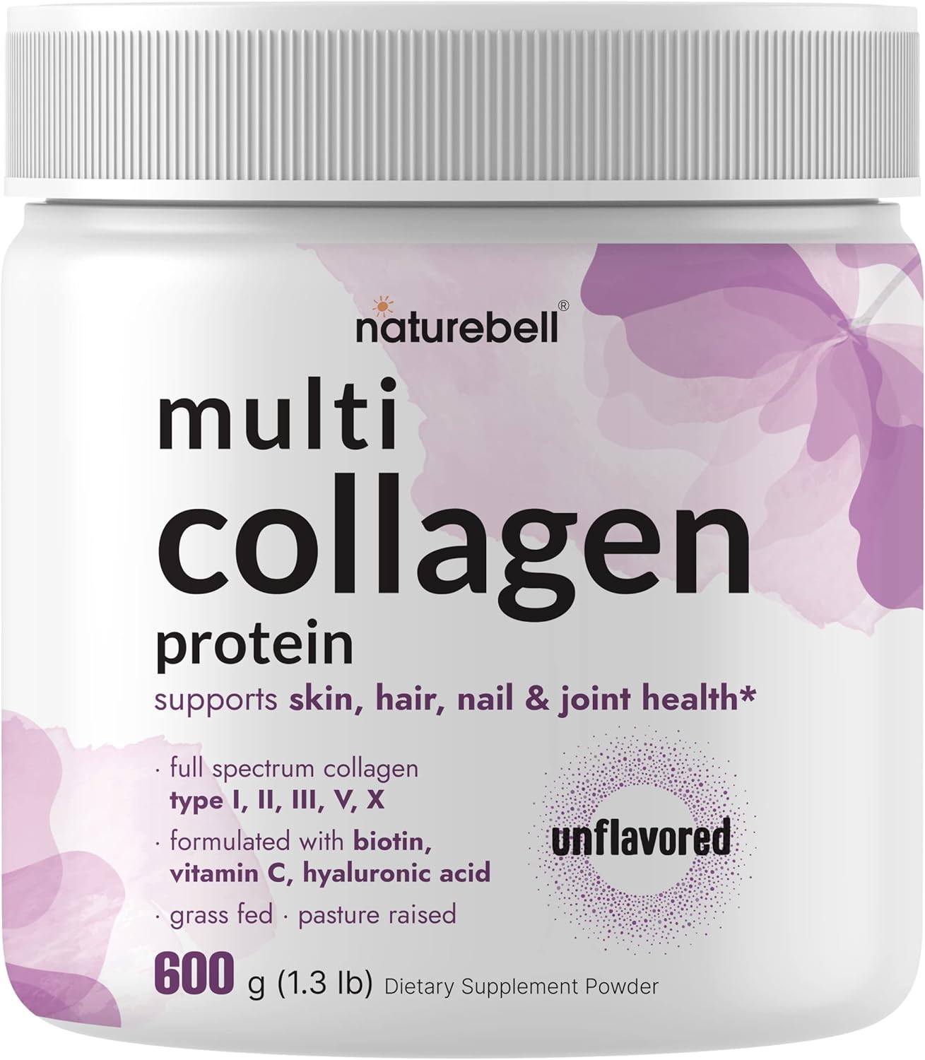 Mult Collage Protei Powde 600  Type (I II III V X Grass-Fe Pasture-Raise wit Bioti 5000mcg Vitami  Hyaluroni Aci Keto Paleo Unflavore (5 Servings)