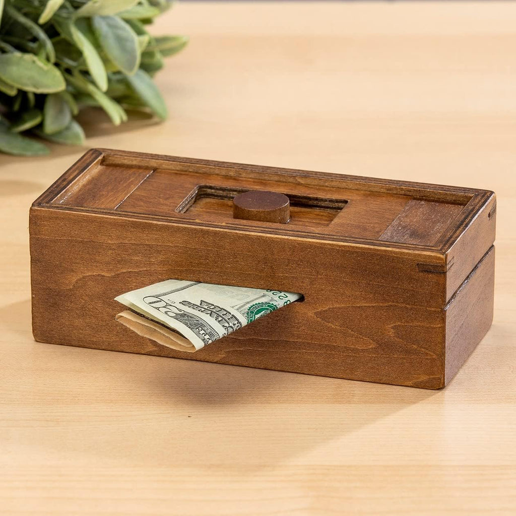 Bits and Pieces Secret Money Puzzle Box - Camouflage Your Cash Money Holder - Wooden Brain Teaser - Wooden Secret Hidden Compartment (Single Knob Puzzle Box)
